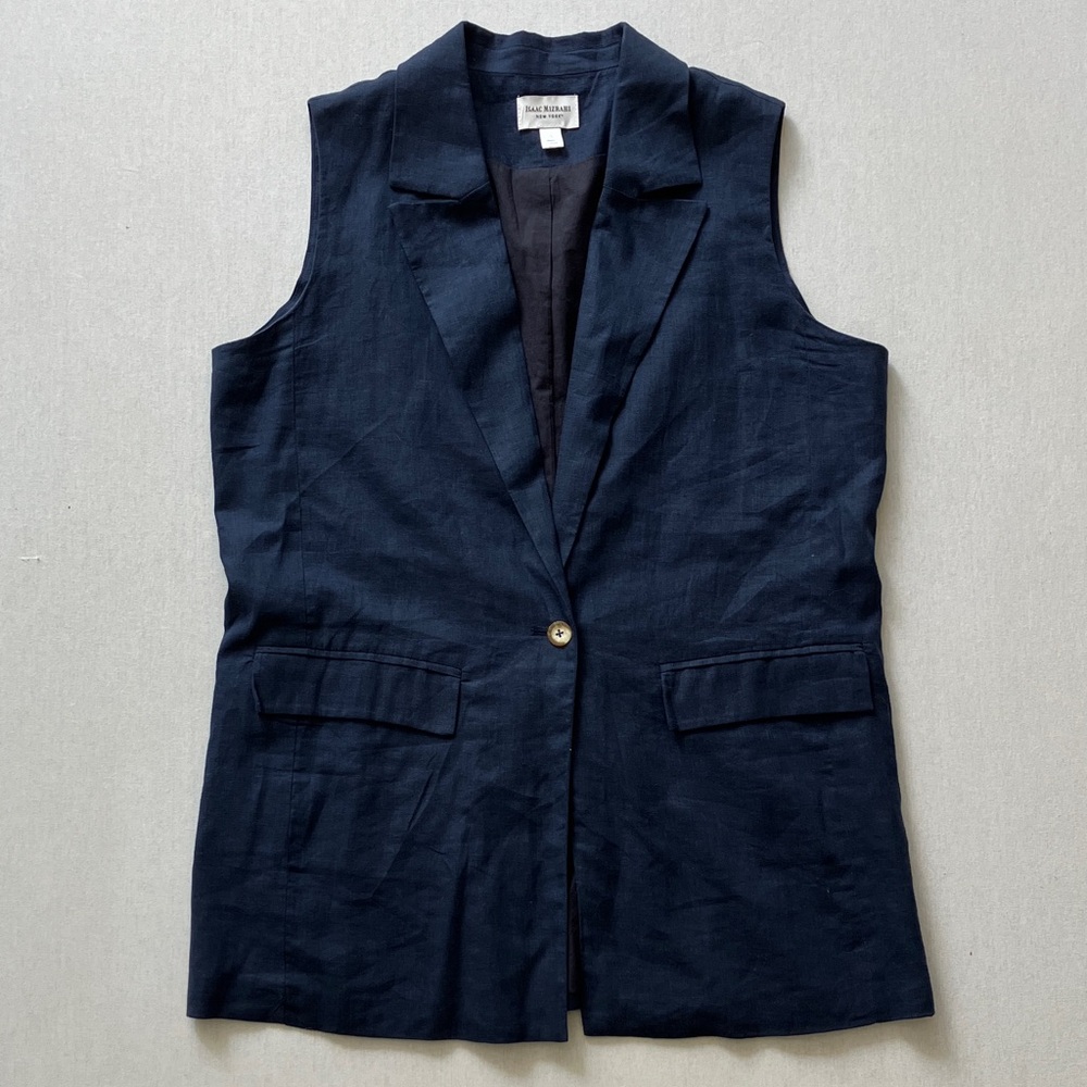 Isaac Mizrahi Navy Sleeveless Linen Blazer Vest